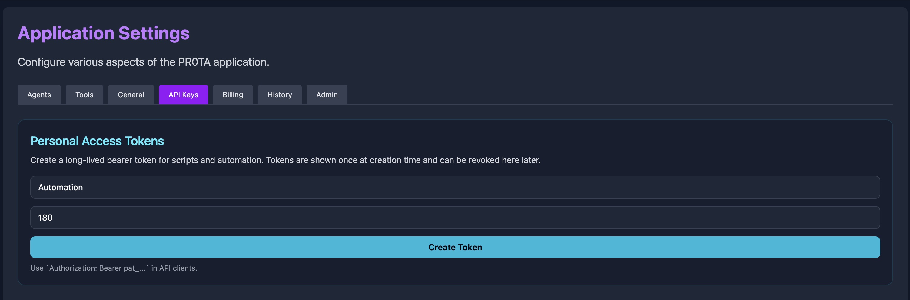 PR0TA Application Settings with the API Keys tab selected, showing Personal Access Tokens and Create Token.